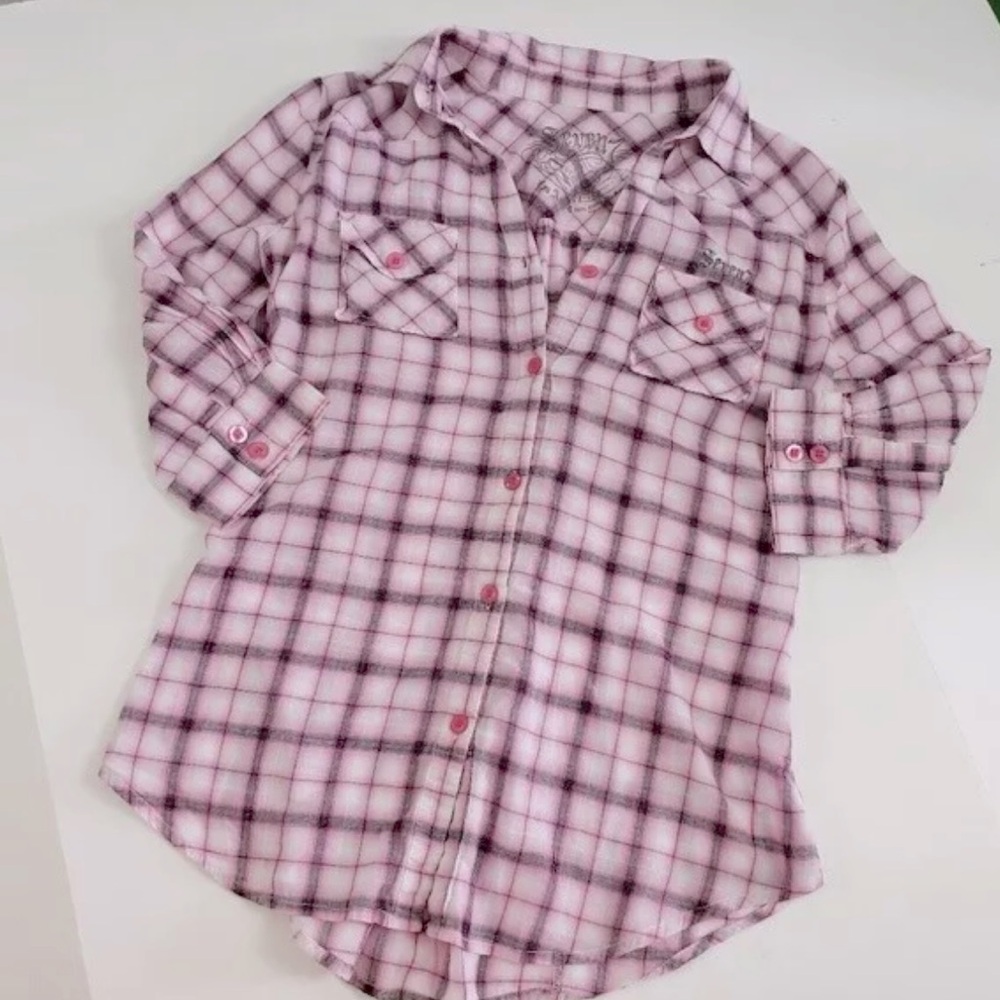 Seven7 Lightweight Pink & Black Plaid Button Down Shirt-Like New